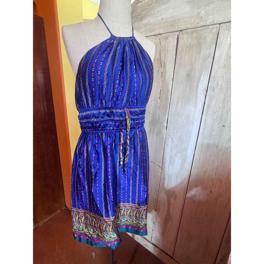 Betsey Johnson Blue Silk Paisley Halter Dress Smocked Waist Boho Mini Size 8
